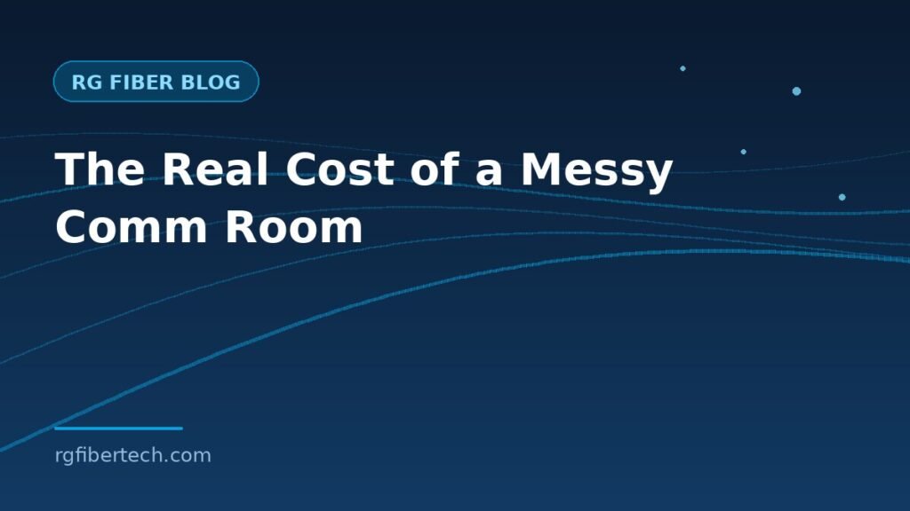 Tangled network comm room before professional cabling cleanup